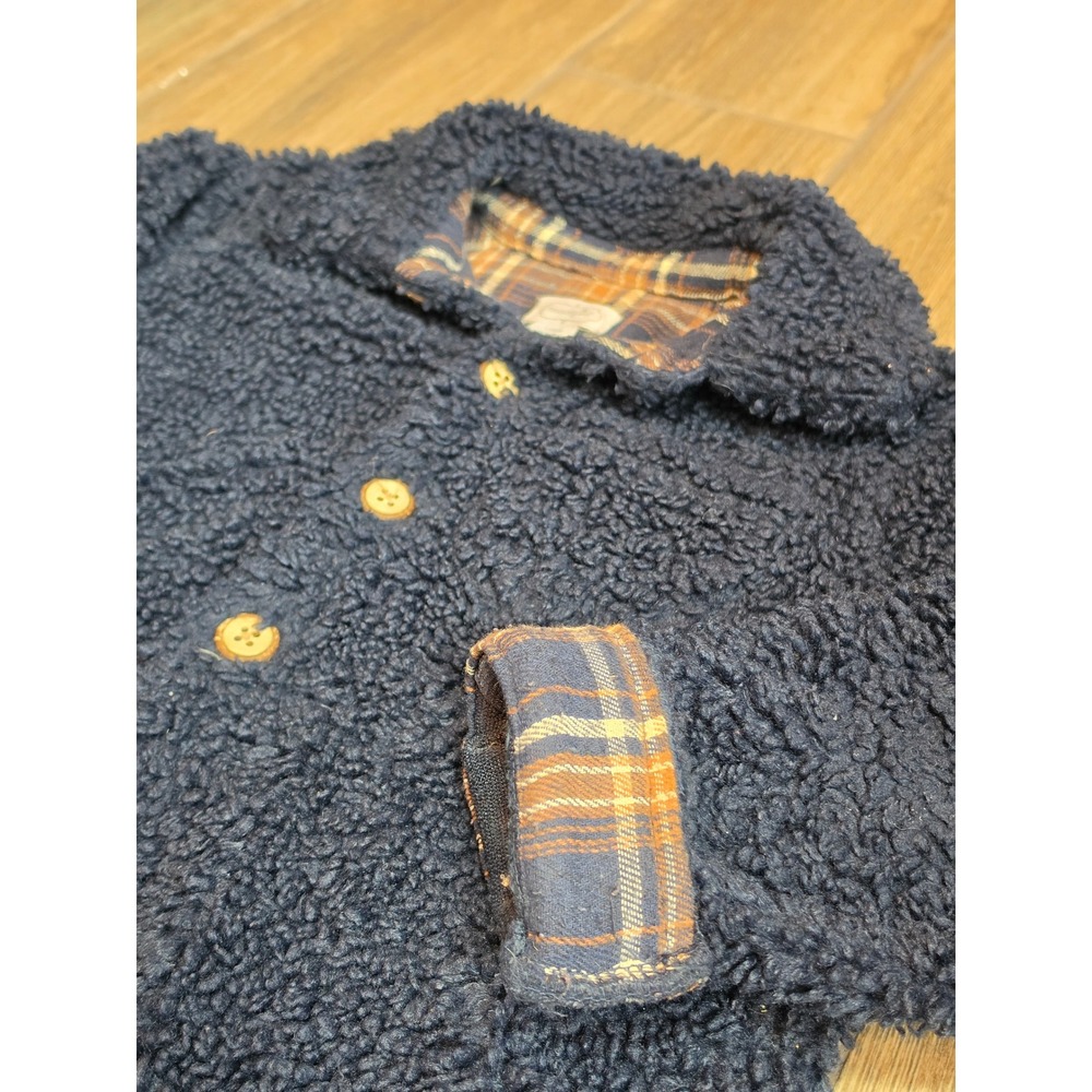 Mud Pie Kids Navy Blue Sherpa Fleece Plaid Lined Button Front Jacket Large 4T-5T